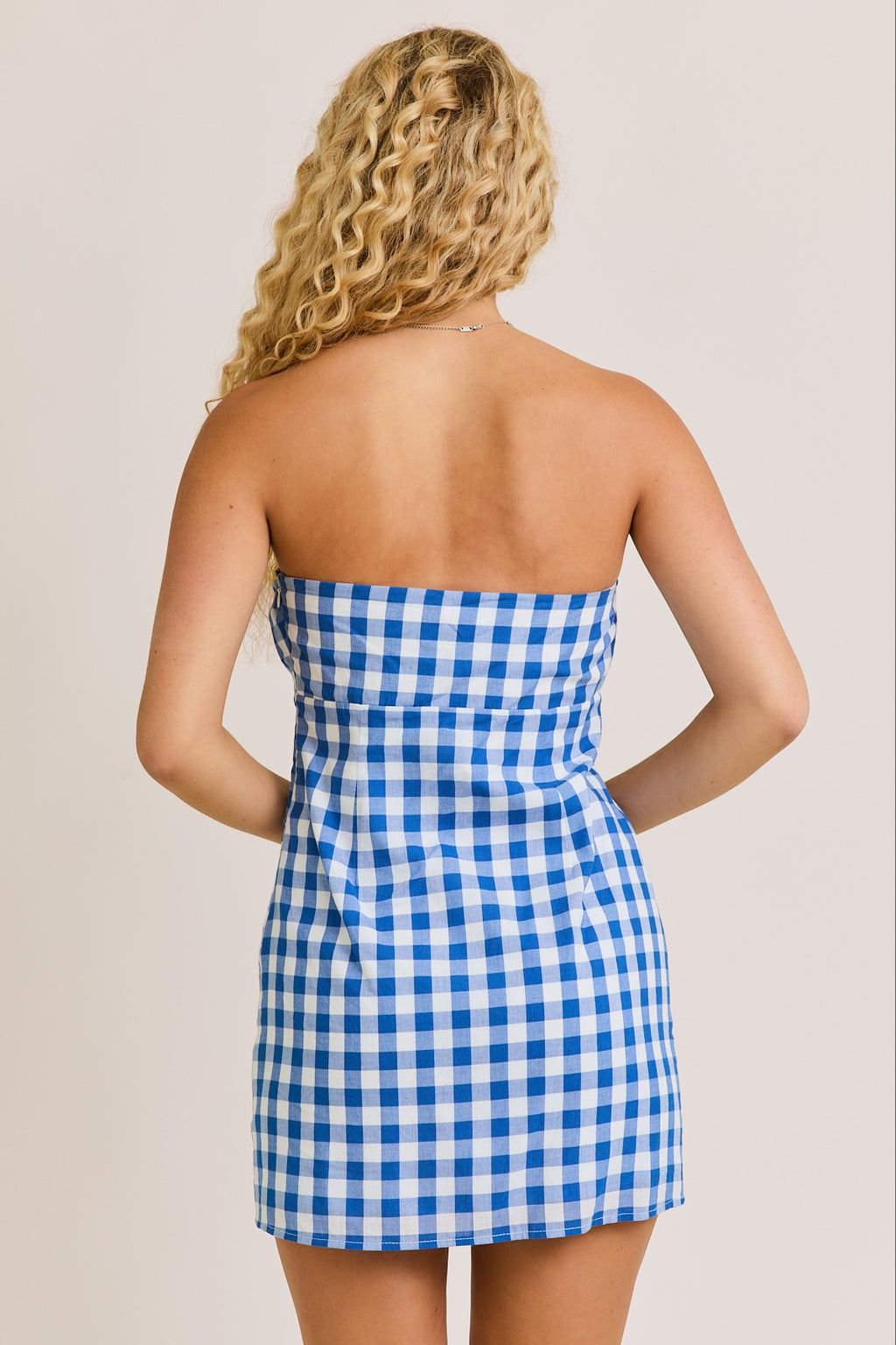 Strapless Tie Up Detail Check Mini Dress