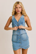Sleeveless V-Neck Vest Style Denim Mini Dress