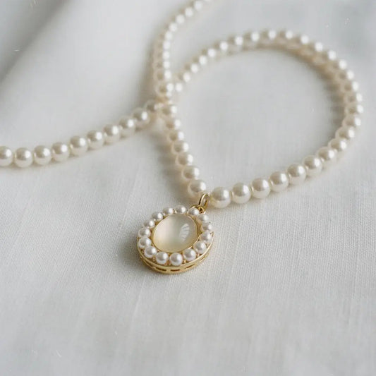 Pearl and Cat's Eye Stone Chain Necklace