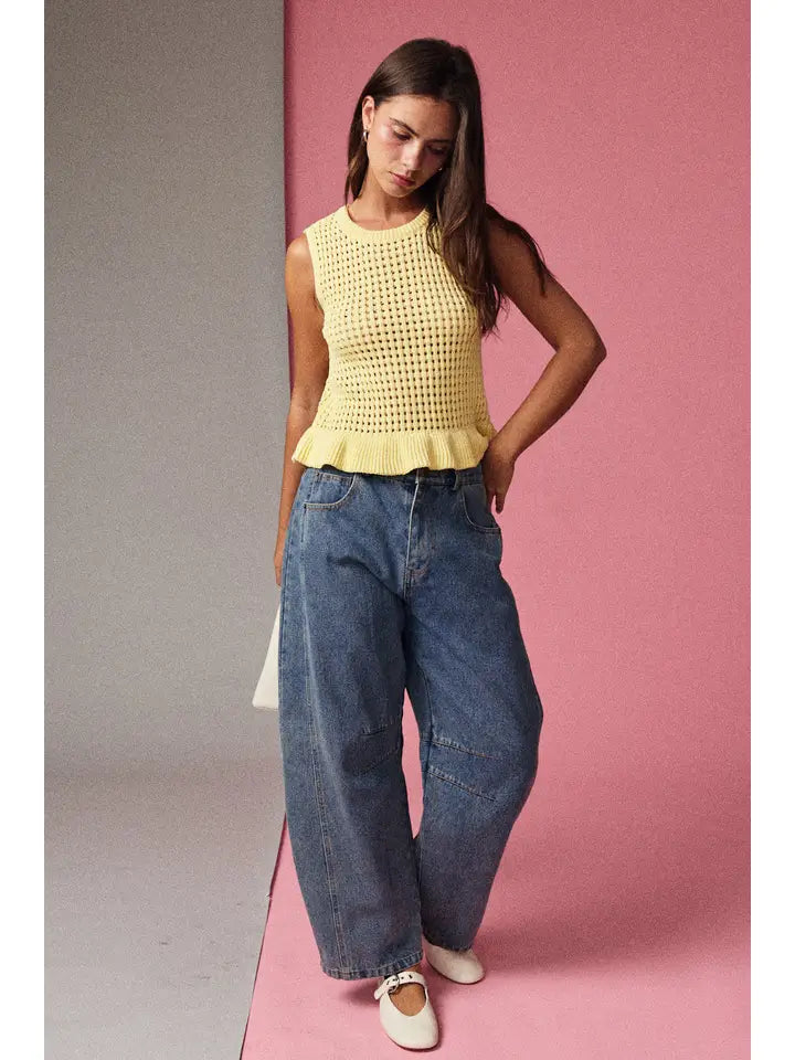 Sleeveless Open Knit Peplum Top