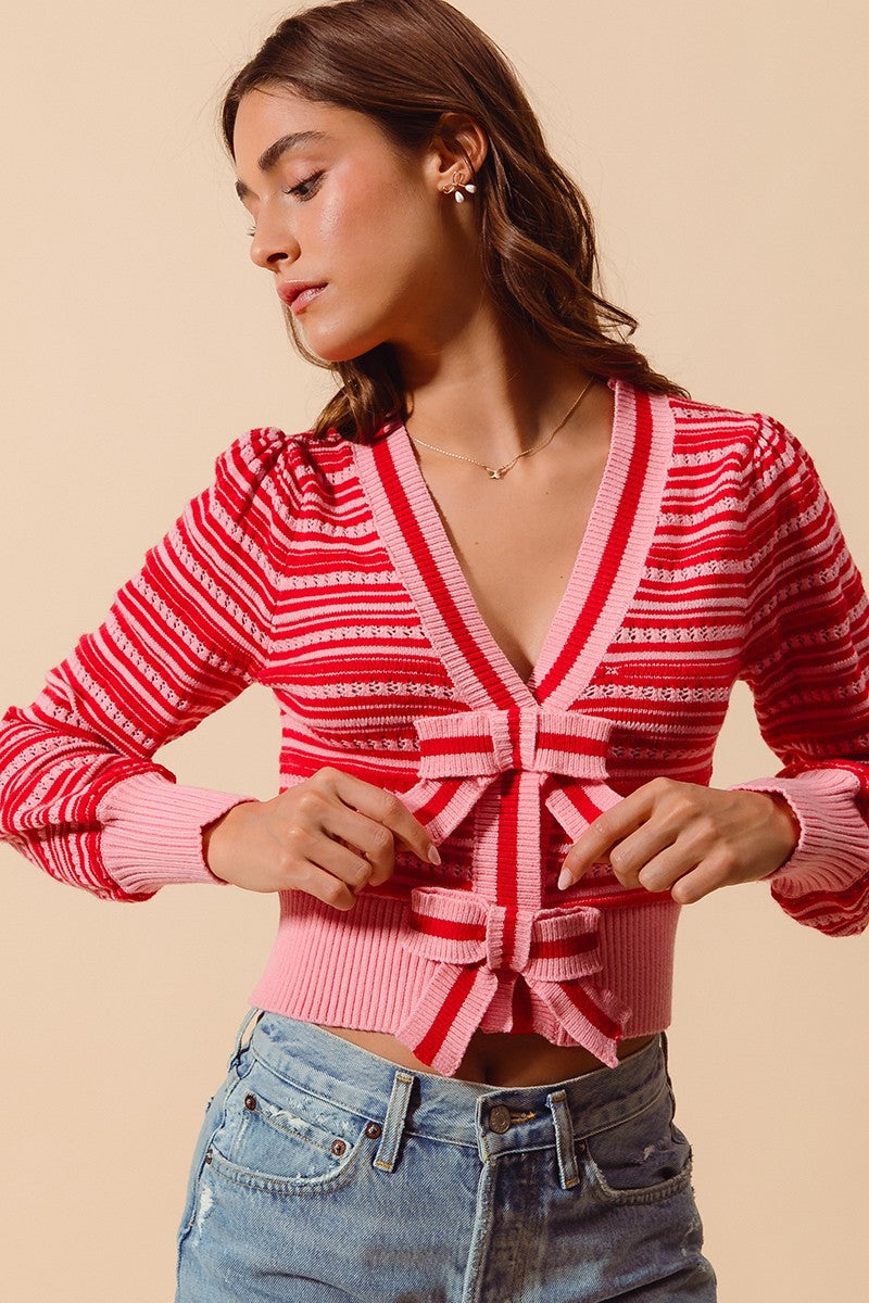 Ribbon Button Variegated Striped Cardigan