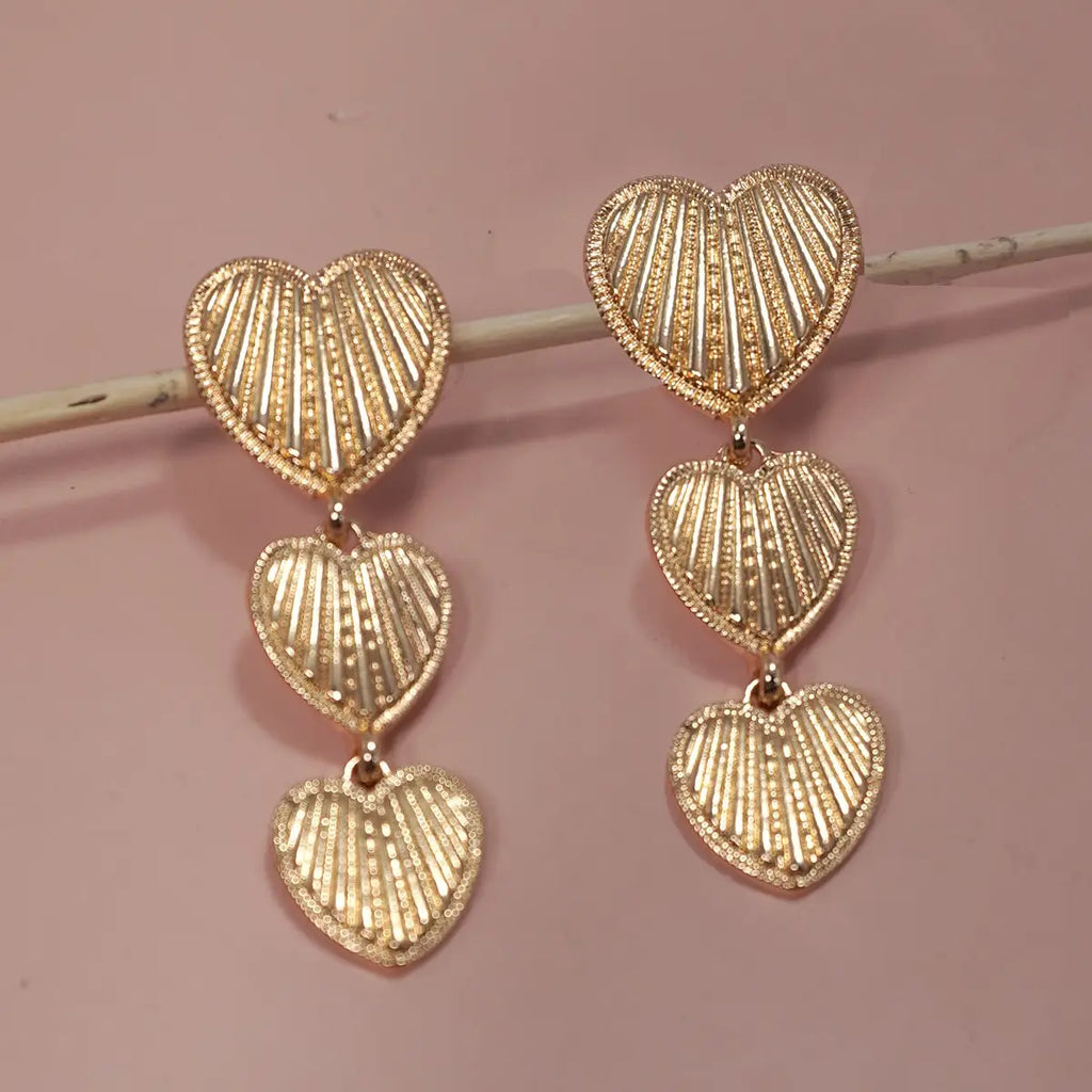 Three Heart Drop Etched Titanium Post Earrings