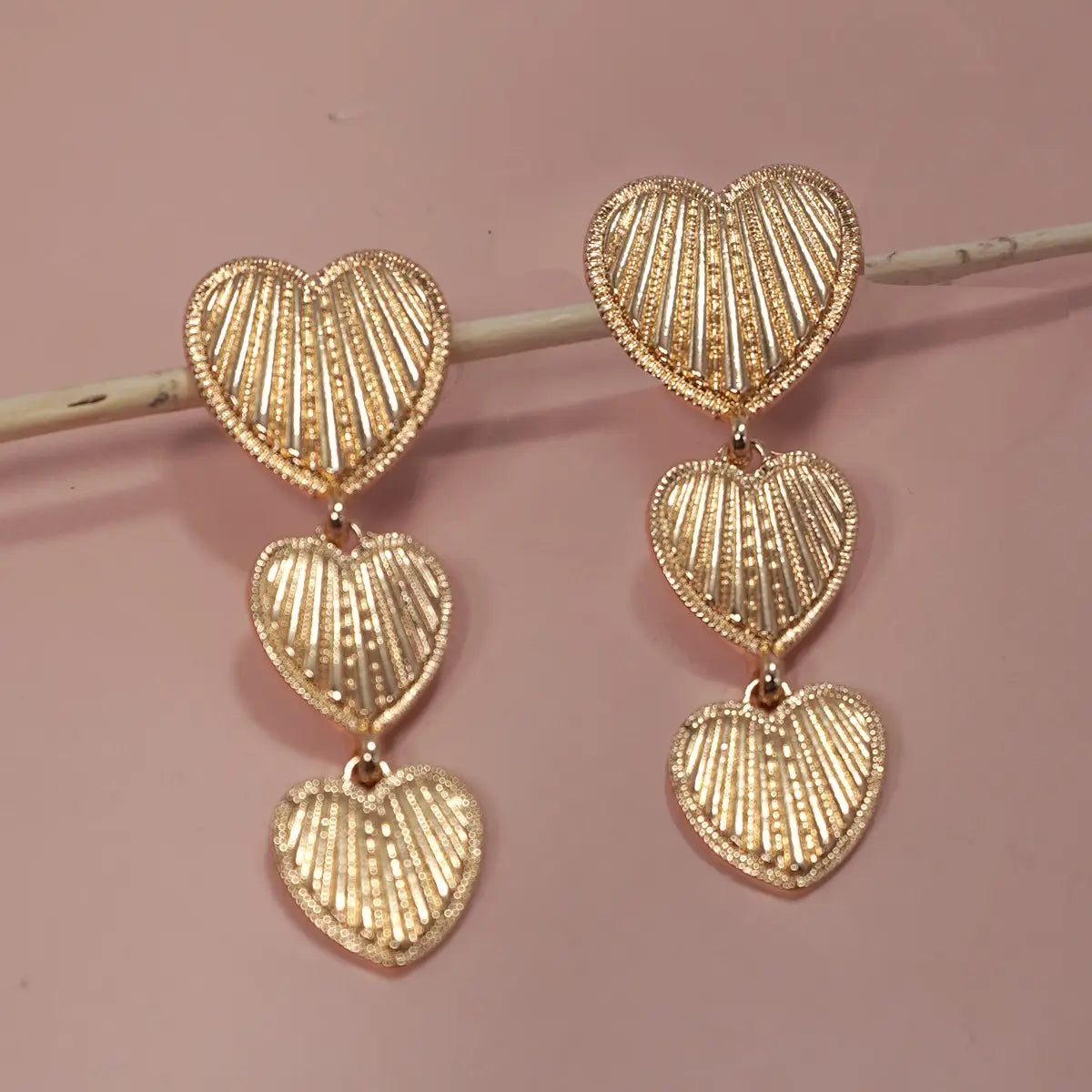 Three Heart Drop Etched Titanium Post Earrings