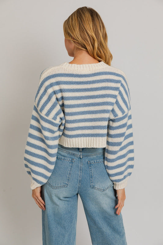 Long Sleeve V-Neck Striped Cropped Sweater