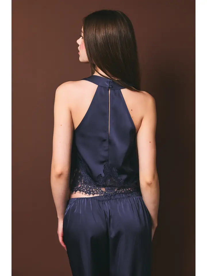 Halter Neck Lace Trim Detail Sleeveless Top