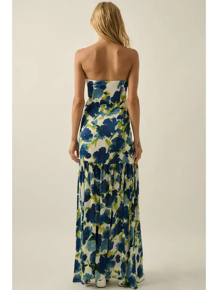 Floral-Print Crepe Strapless Drop-Waist Maxi Dress