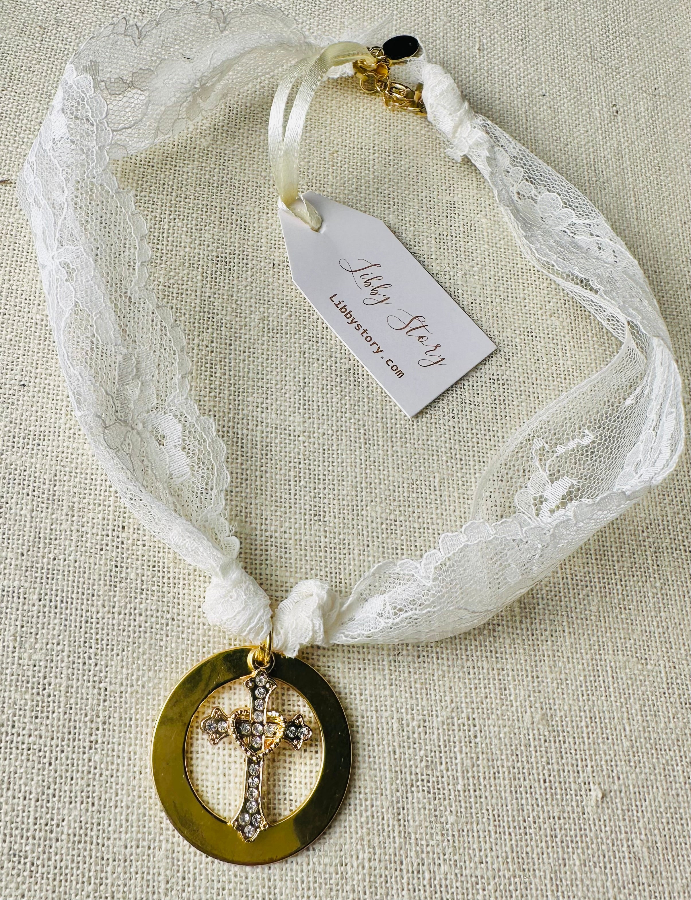 Lindy Vintage Lace & Gold Plated Disc & Rhinestone Cross Necklace