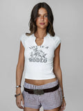 Horsey Notched Neck Ribbed Graphic Western Short Sleeve Top