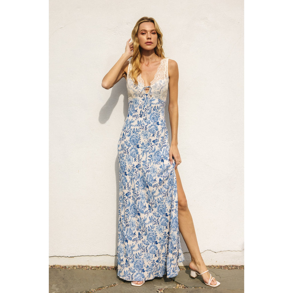 Au Revoir Empire Lace and Satin Contrast Maxi Dress