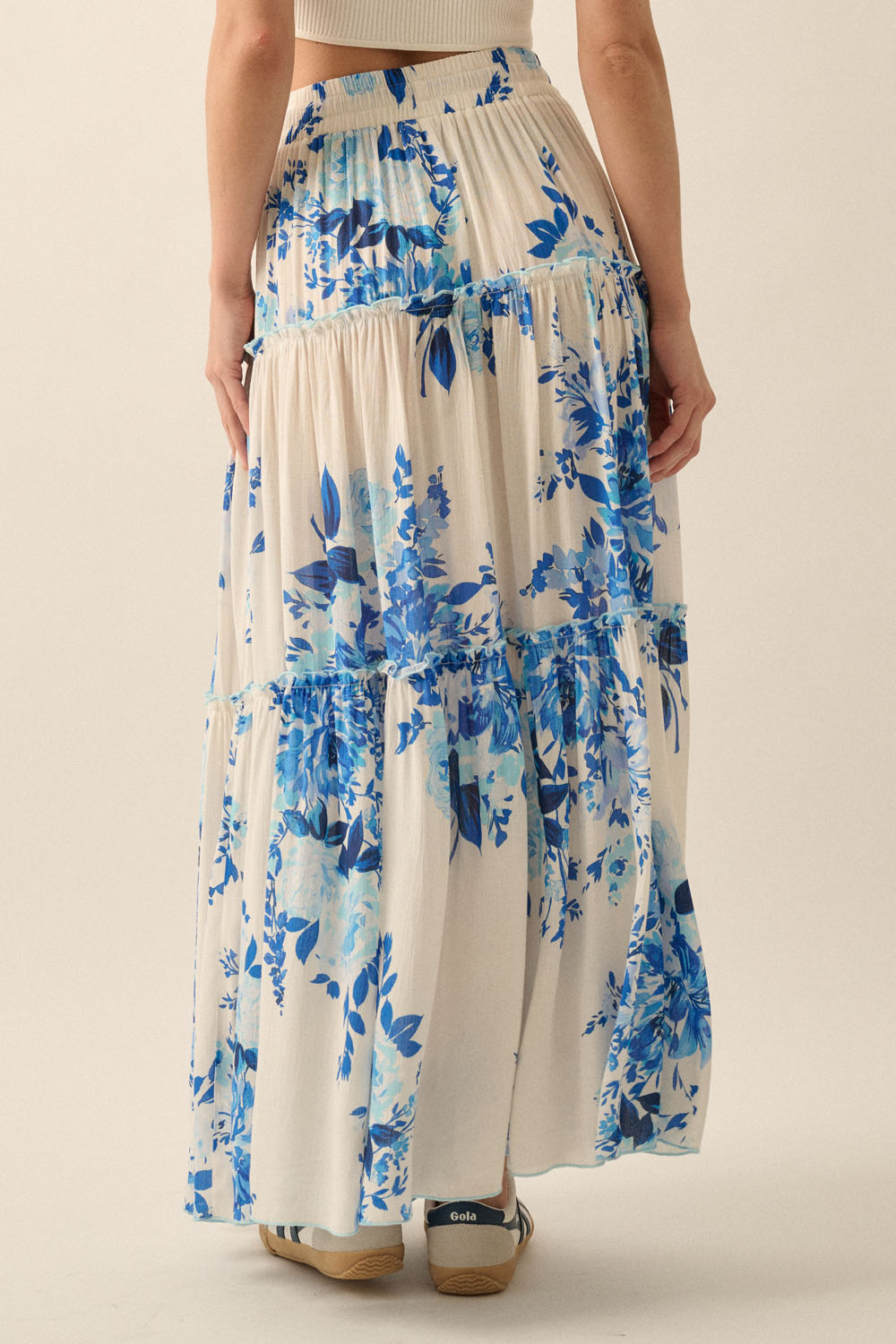 Floral Print Tiered Ruffle Drawstring Maxi Skirt
