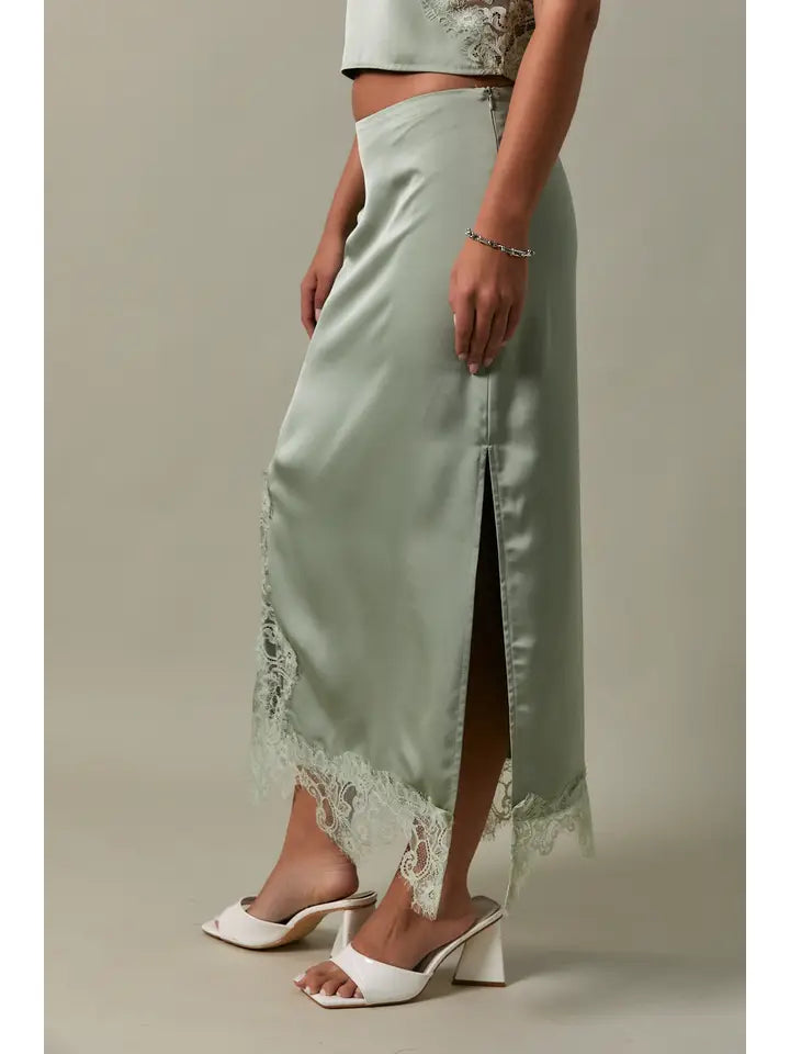 Mid Waist Lace Trim Detail Bias Midi Skirt
