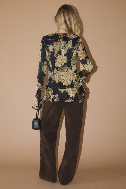 Satin Ruffle Blouse With Baroque Scroll Print