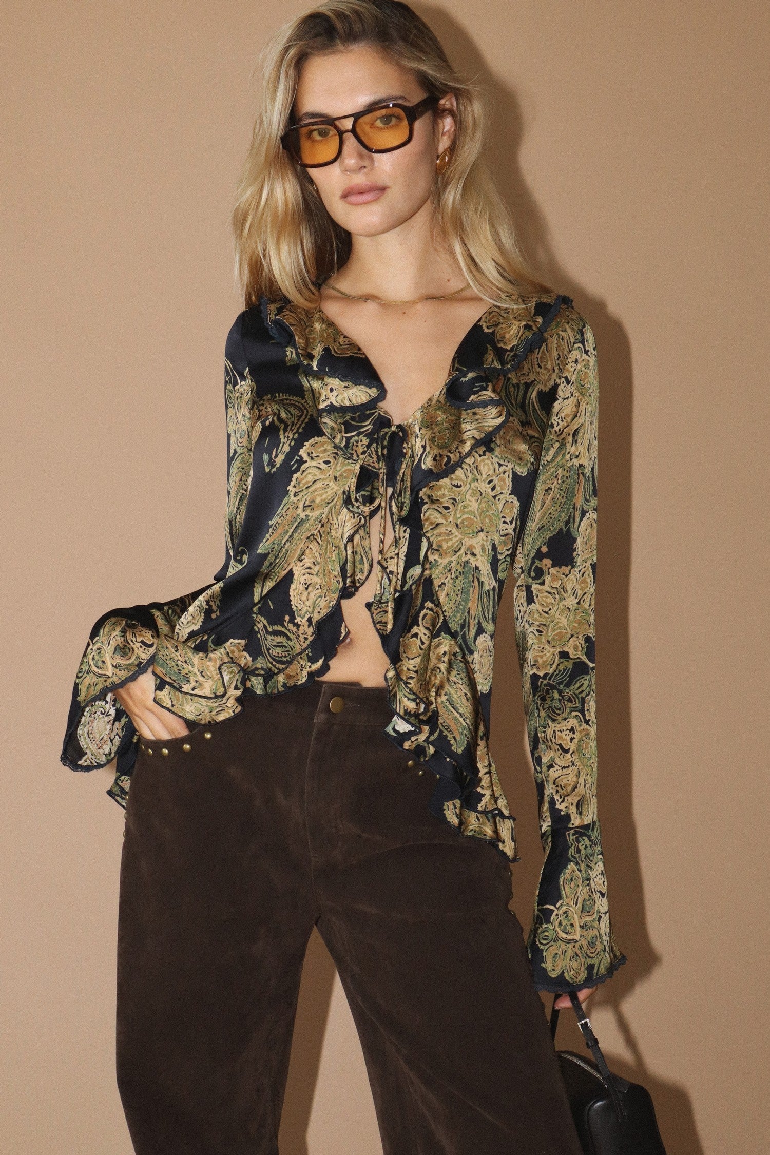 Satin Ruffle Blouse With Baroque Scroll Print