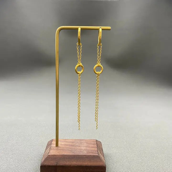 18K Golden Chain Fringe Ss Double Loop Huggie Earrings