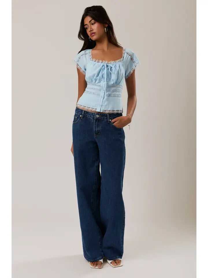 Cap Sleeve Square Neck Lace Trim Detail Top