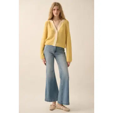 Ribbed Knit Contrast Cardigan Sweater