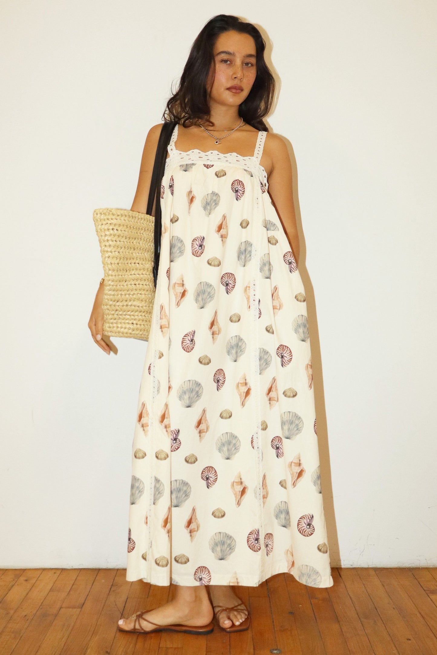 Bailey Rose Seashell Print Lace Trim Maxi Dress