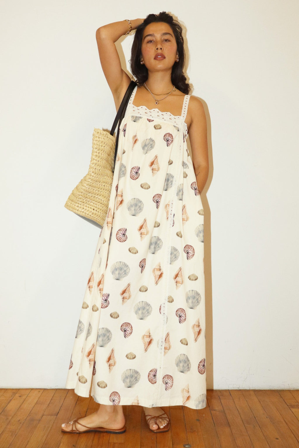 Bailey Rose Seashell Print Lace Trim Maxi Dress