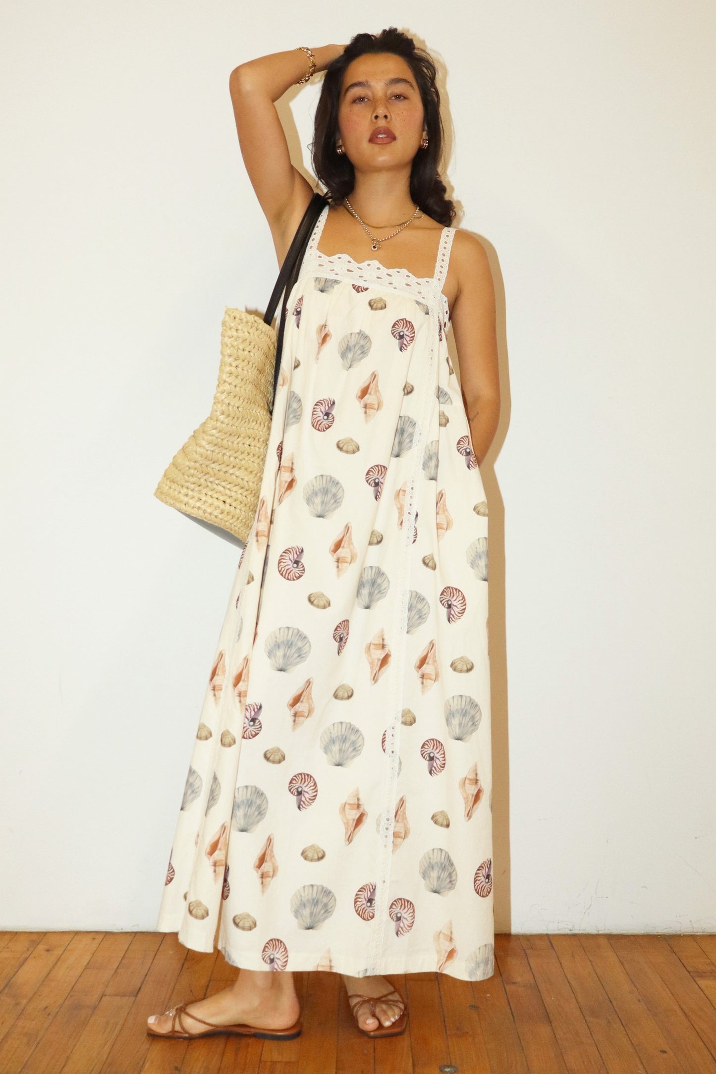 Bailey Rose Seashell Print Lace Trim Maxi Dress