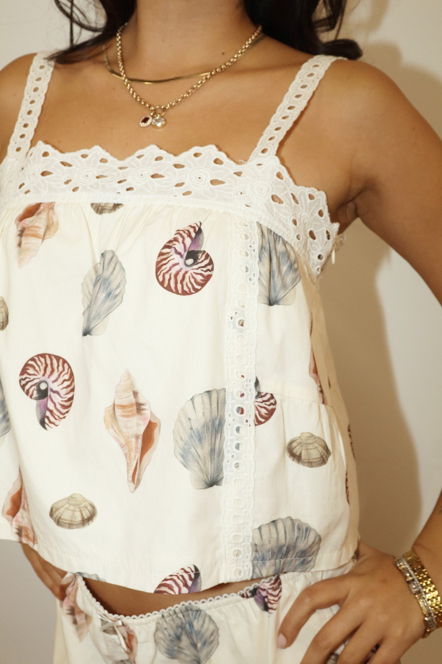 Bailey Rose Seashell Print Lace Trim Cami Top