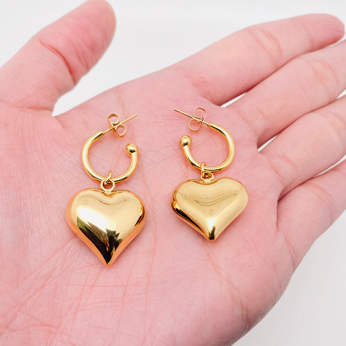 18K Gold Plated Stainless Steel Heart Charm Earrings