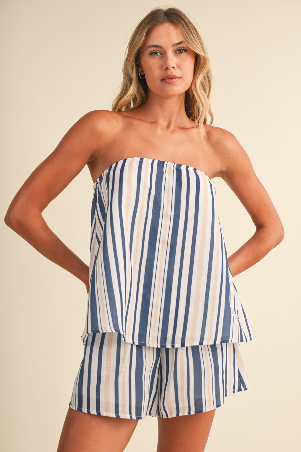 Multi Striped Strapless Trapeze Top And Shorts Set