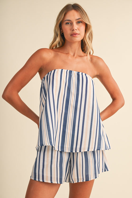 Multi Striped Strapless Trapeze Top And Shorts Set