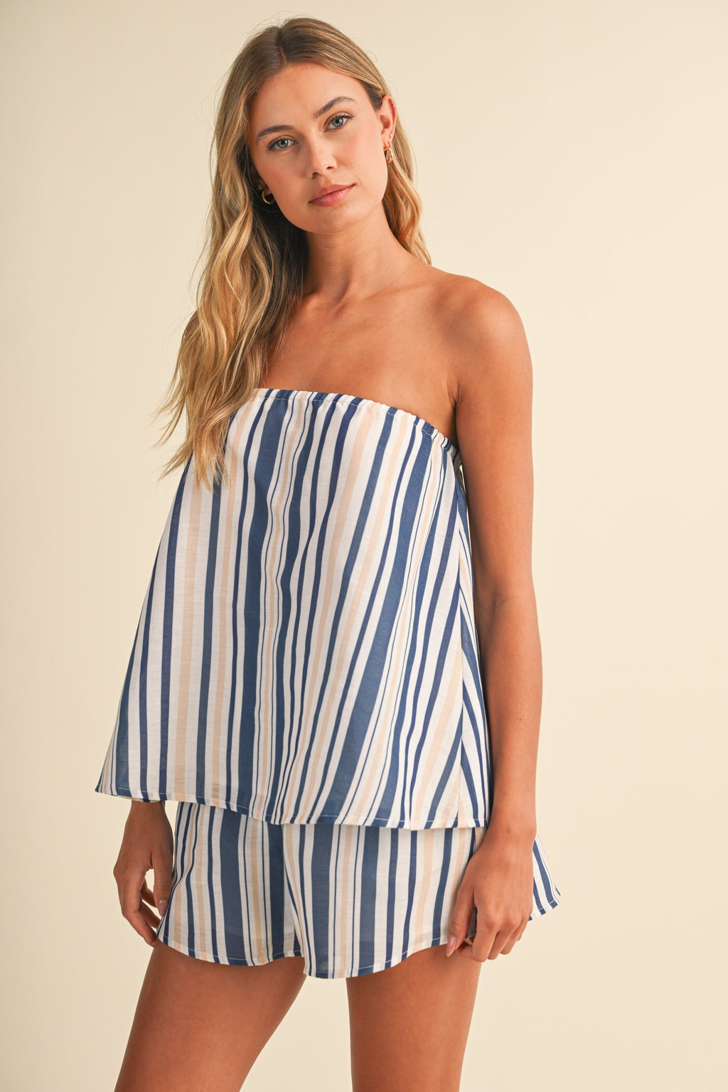 Multi Striped Strapless Trapeze Top And Shorts Set