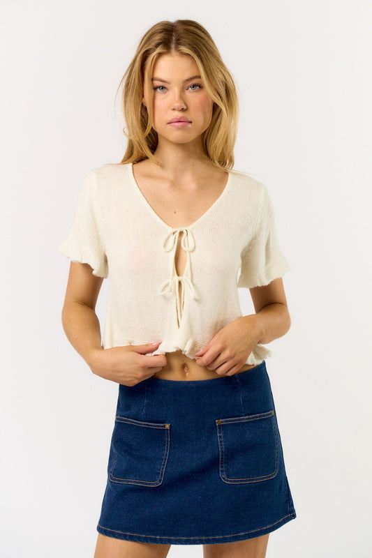 Short Sleeve Ruffle Sweater Top w/ Front Ties