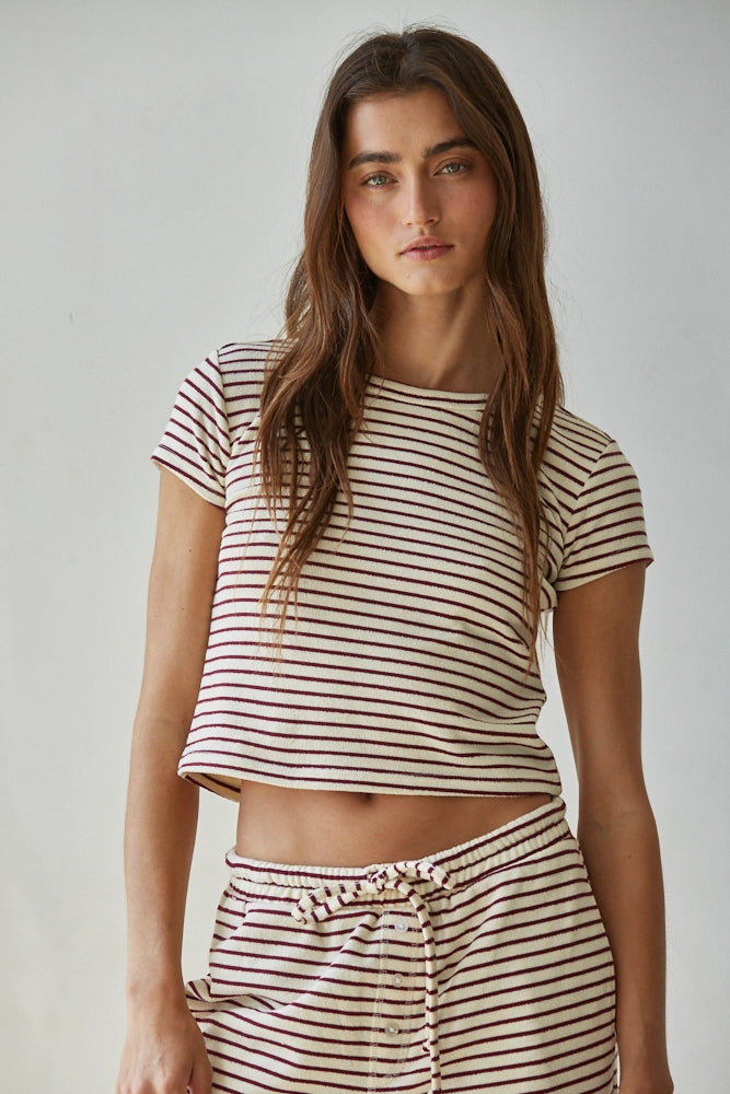 Knit Polyester Cotton Striped Short Sleeve Top