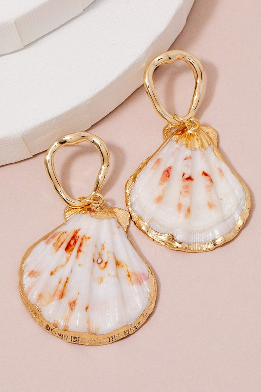 Clam Shell Charm Hoop Stud Drop Earrings