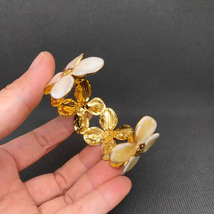 Colored Enamel Flowers 18K Gold Plated S.Steel Cuff