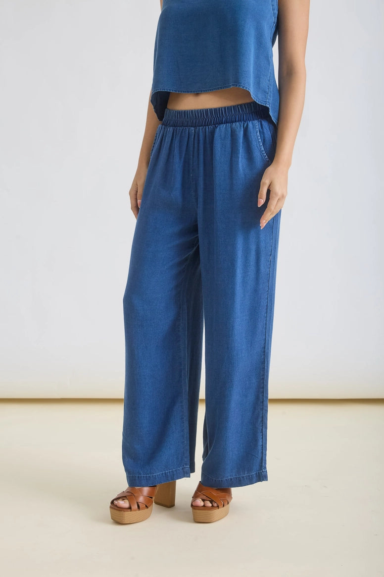 Chambray Elastic High Waist Wide Leg Pant