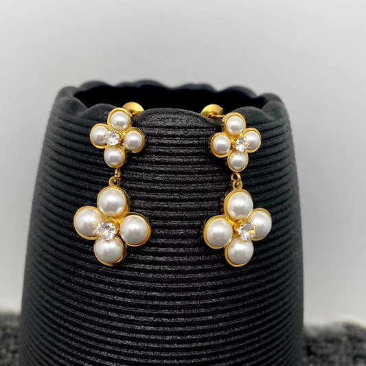 Pearl & Cz Clover Shape 18K Gold Plated Ss Post Earrings