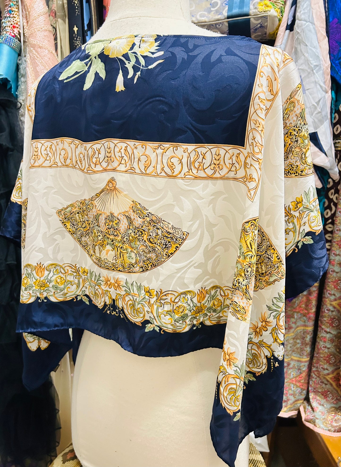 OOAK Fan Print Silk Scarf Top