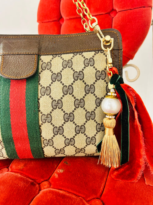 OOAK Vintage Gucci Parfums GG Supreme Web Stripe Clutch w/ Removable 18Kt Gold Plated SS Chain & Designer Bag Charm