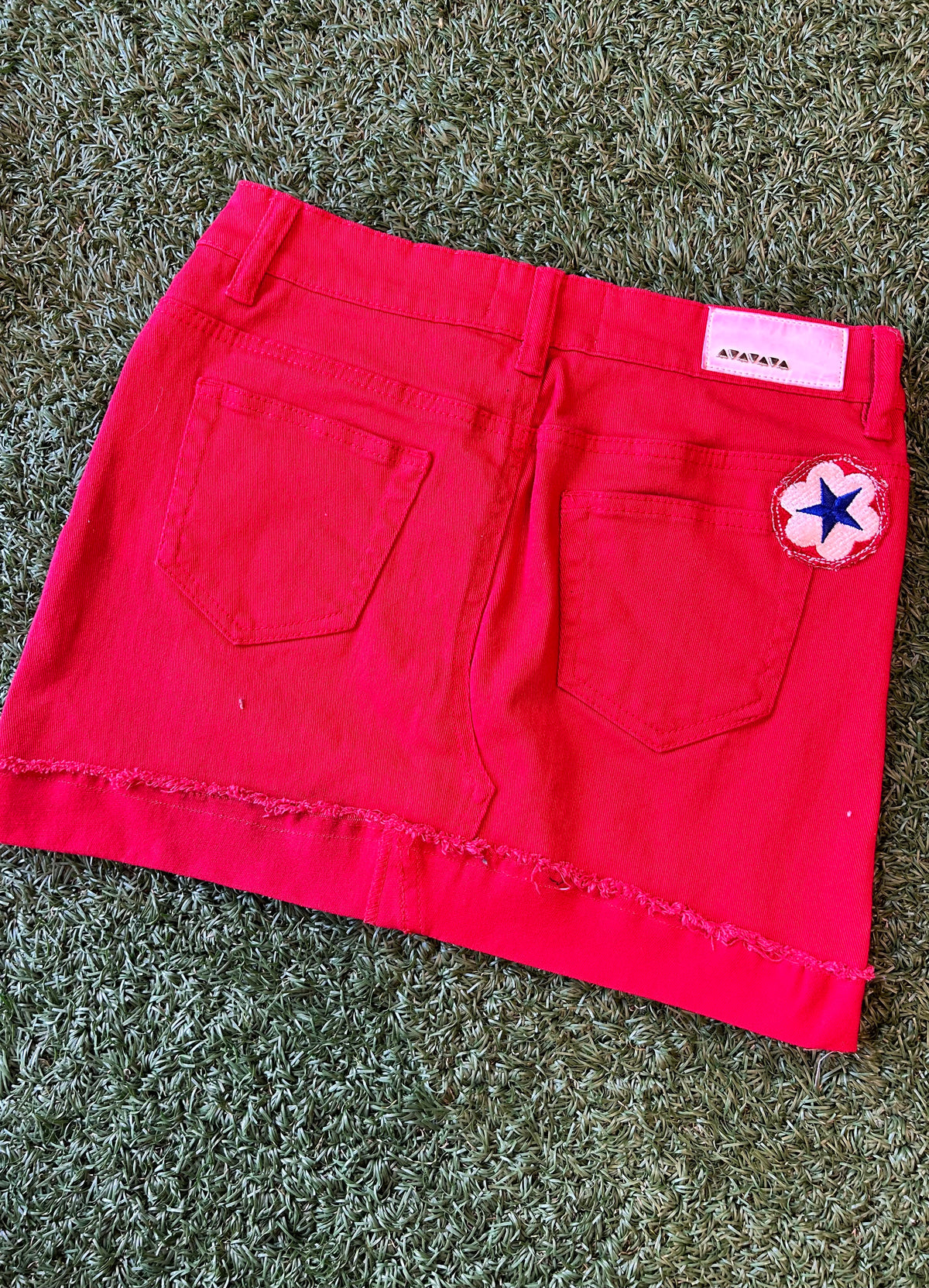 OOAK Red Bandana Trim Denim Skirt