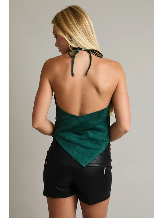 LELIS Sleeveless Halter Neck Asymmetric Suede Top