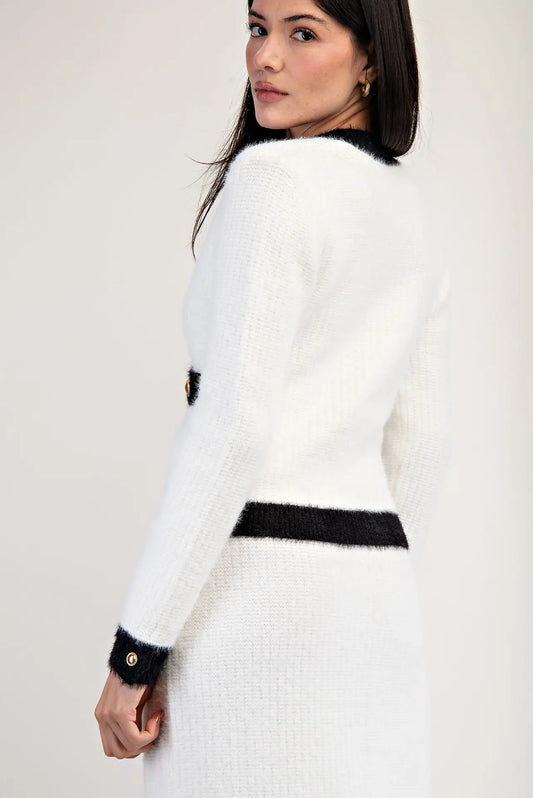 Fuzzy Sweater Cardigan with Contrast Edge Detail