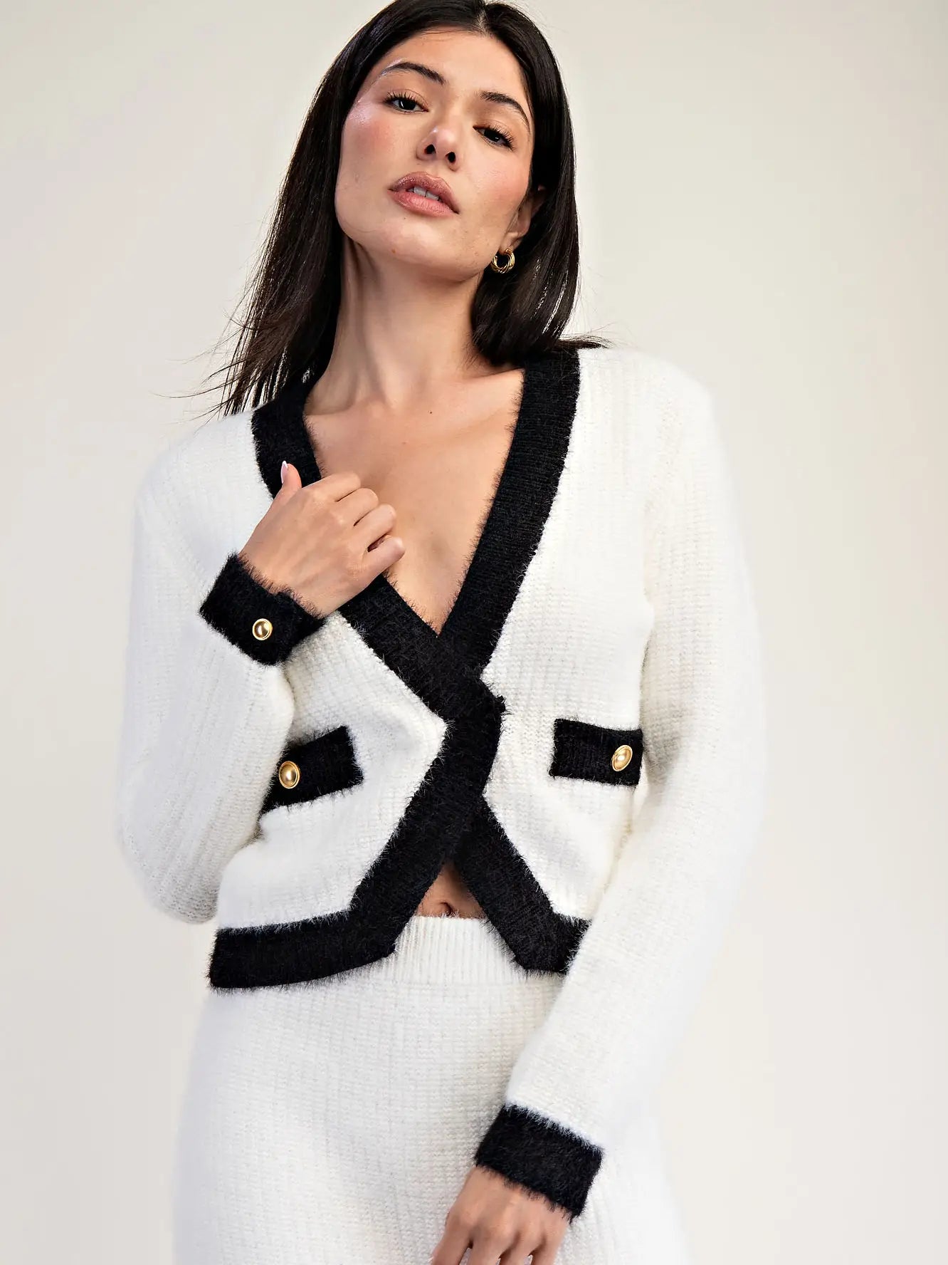 Fuzzy Sweater Cardigan with Contrast Edge Detail