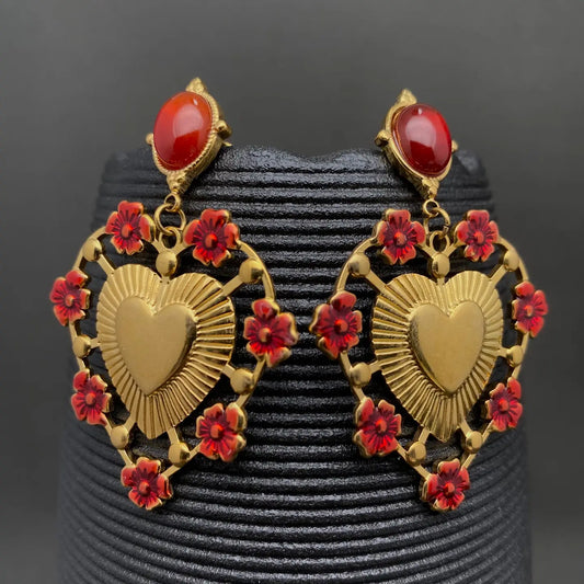 Enamel Flower Heart 18K Gold Plated S.Steel Earrings