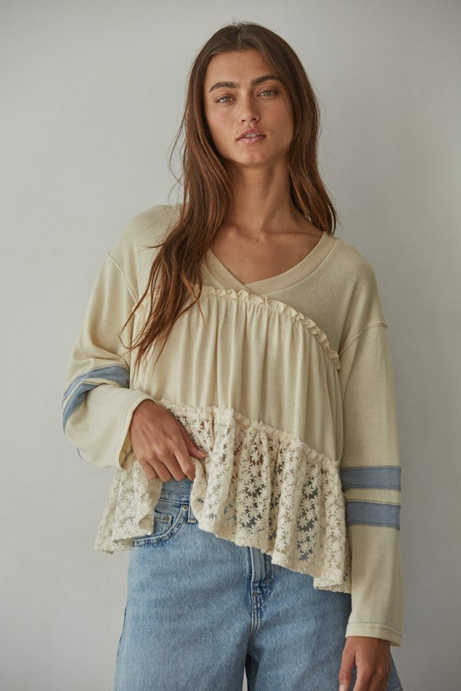 Knit V-Neck Long Sleeve Baby Doll Ruffle Contrast Top