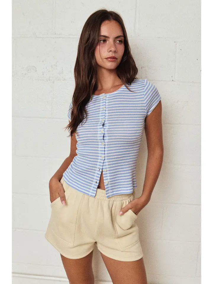 Striped Ribbed Button Front Top