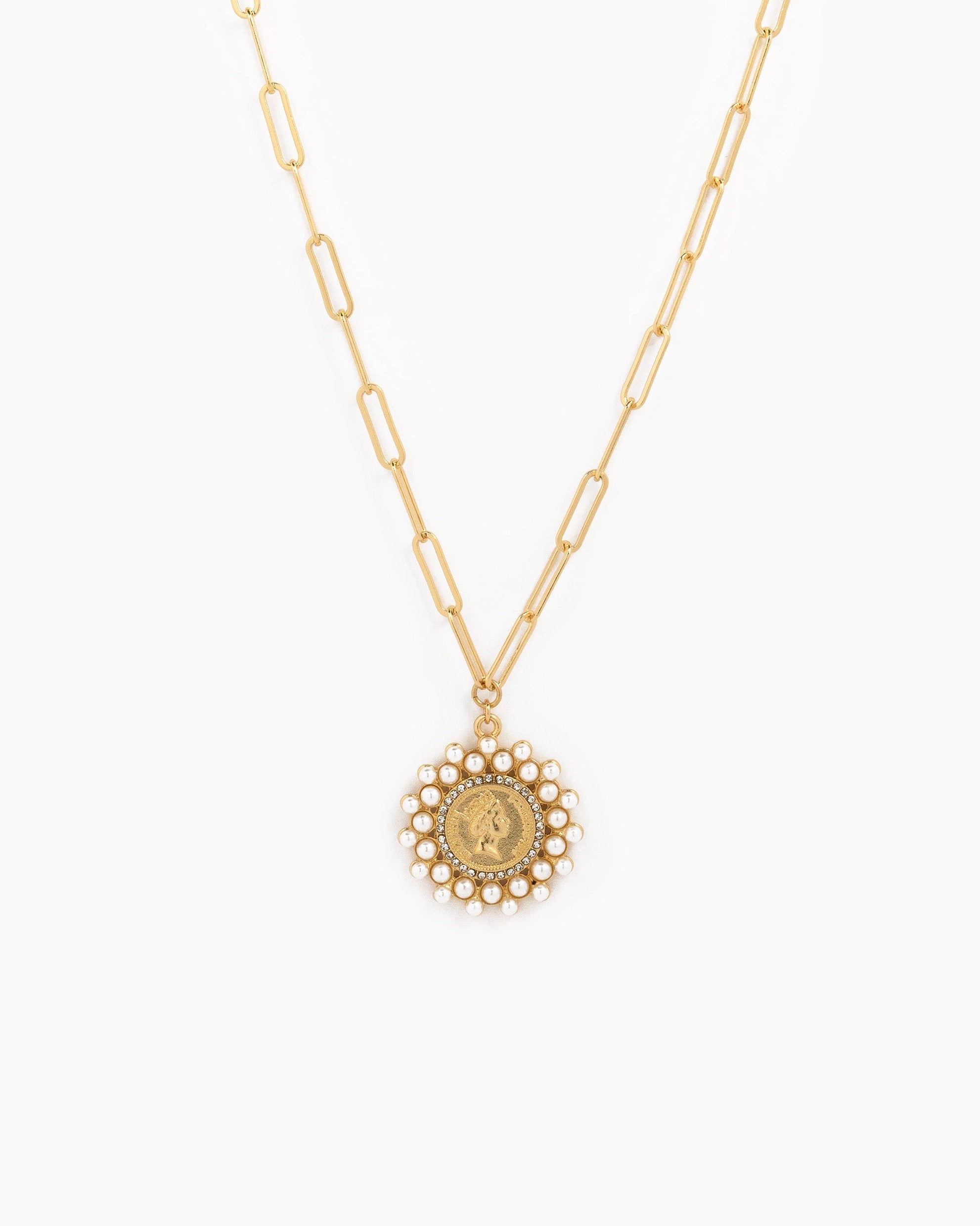 Royal Queen w/ Pearl Frame coin Pendant Necklace