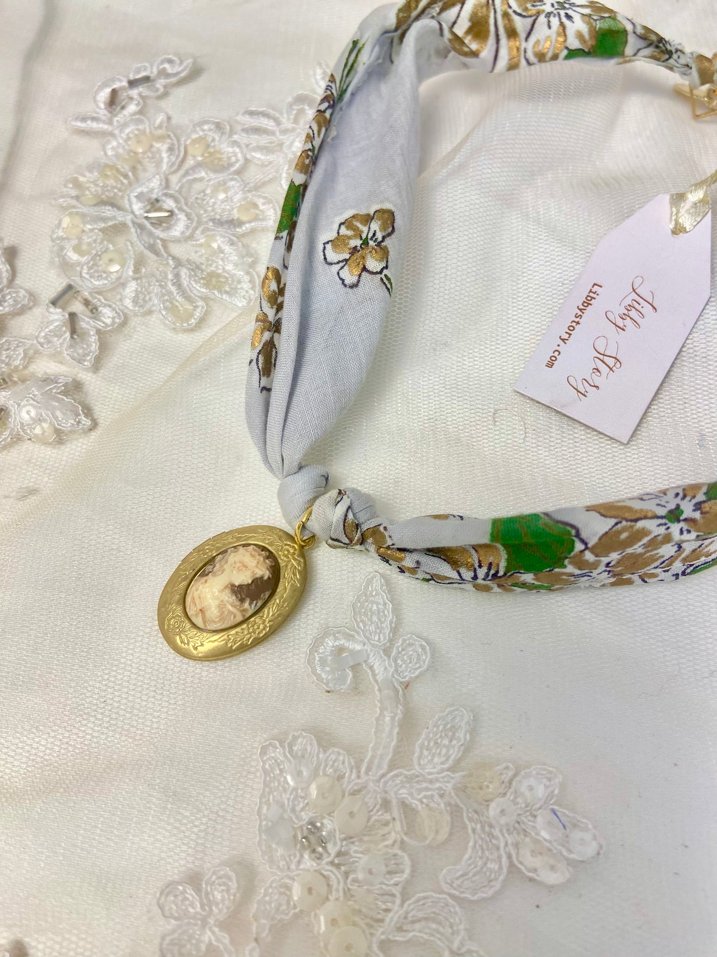 OOAK Vintage Cameo Locket Handkerchief Necklace