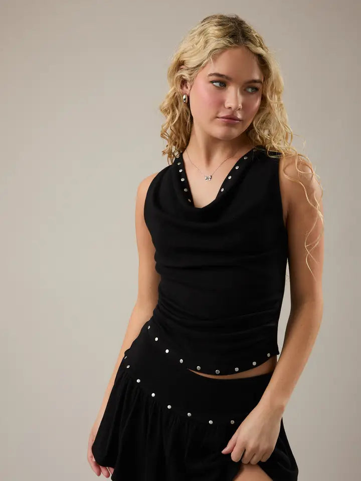 Cowl Neck Stud Detail Ruched Top