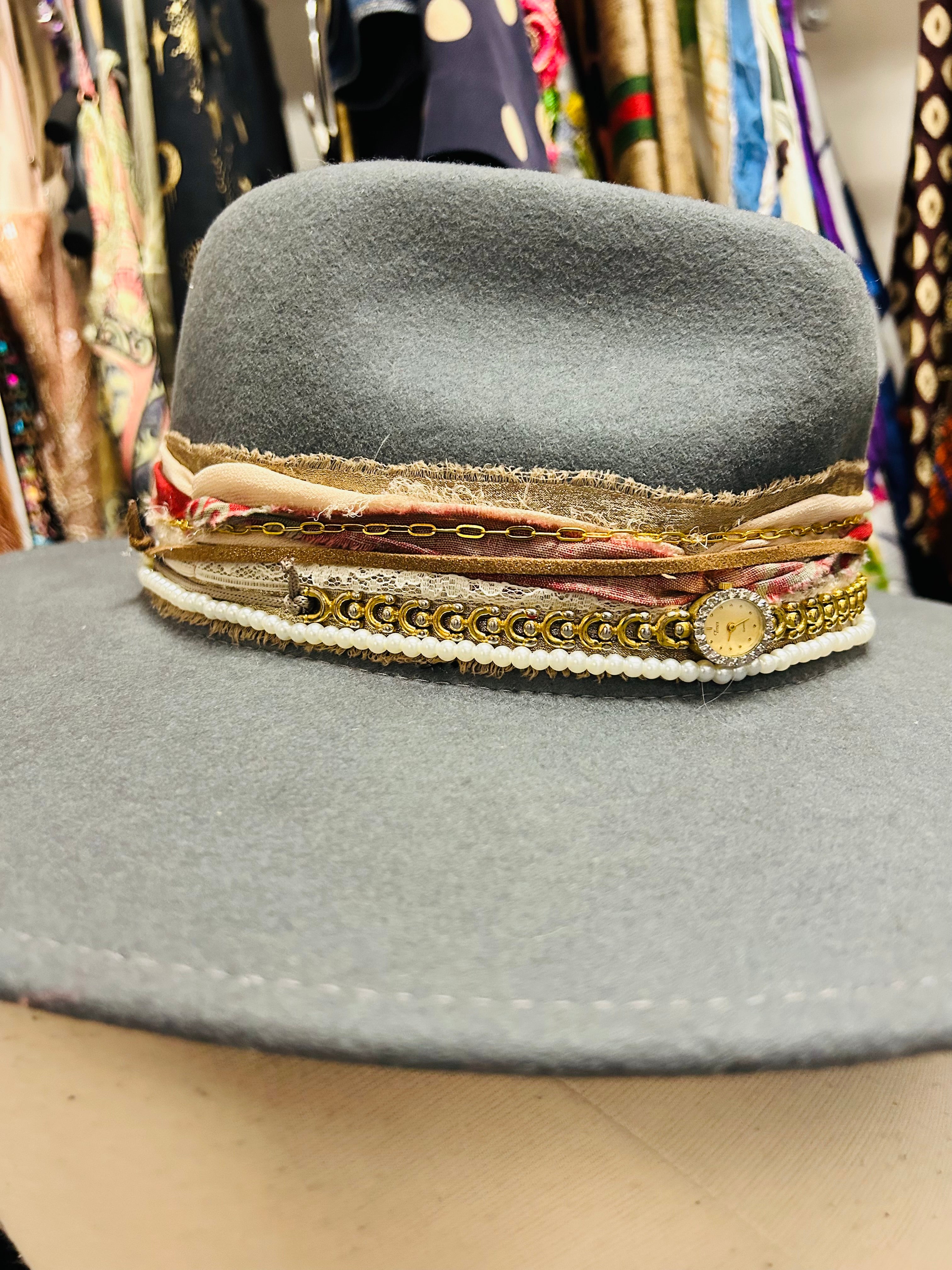 OOAK Packable Wool Hat with Vintage Watch/Ribbon
