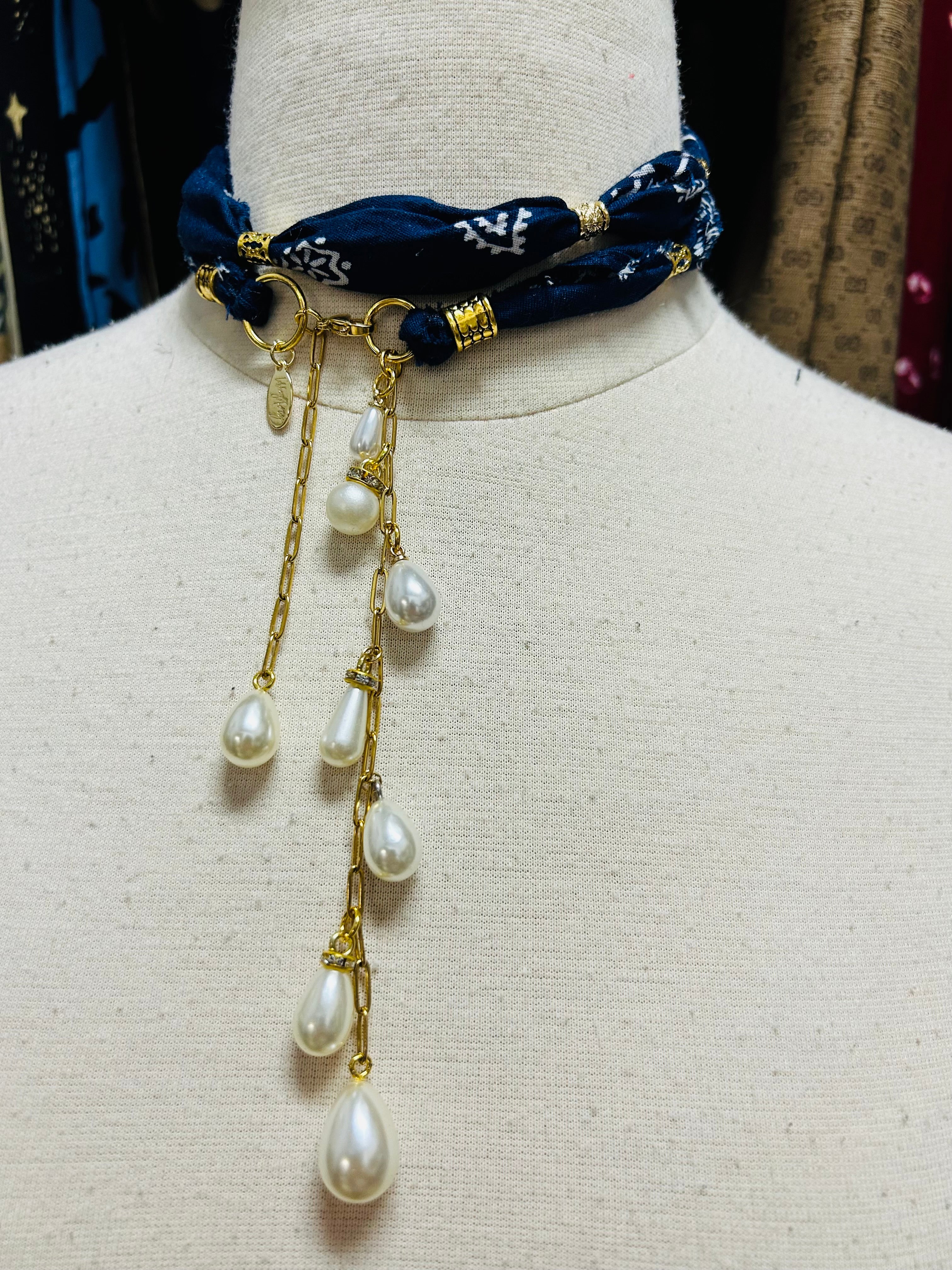 Handmade Bandana & Pearl Drop Necklace or Belt