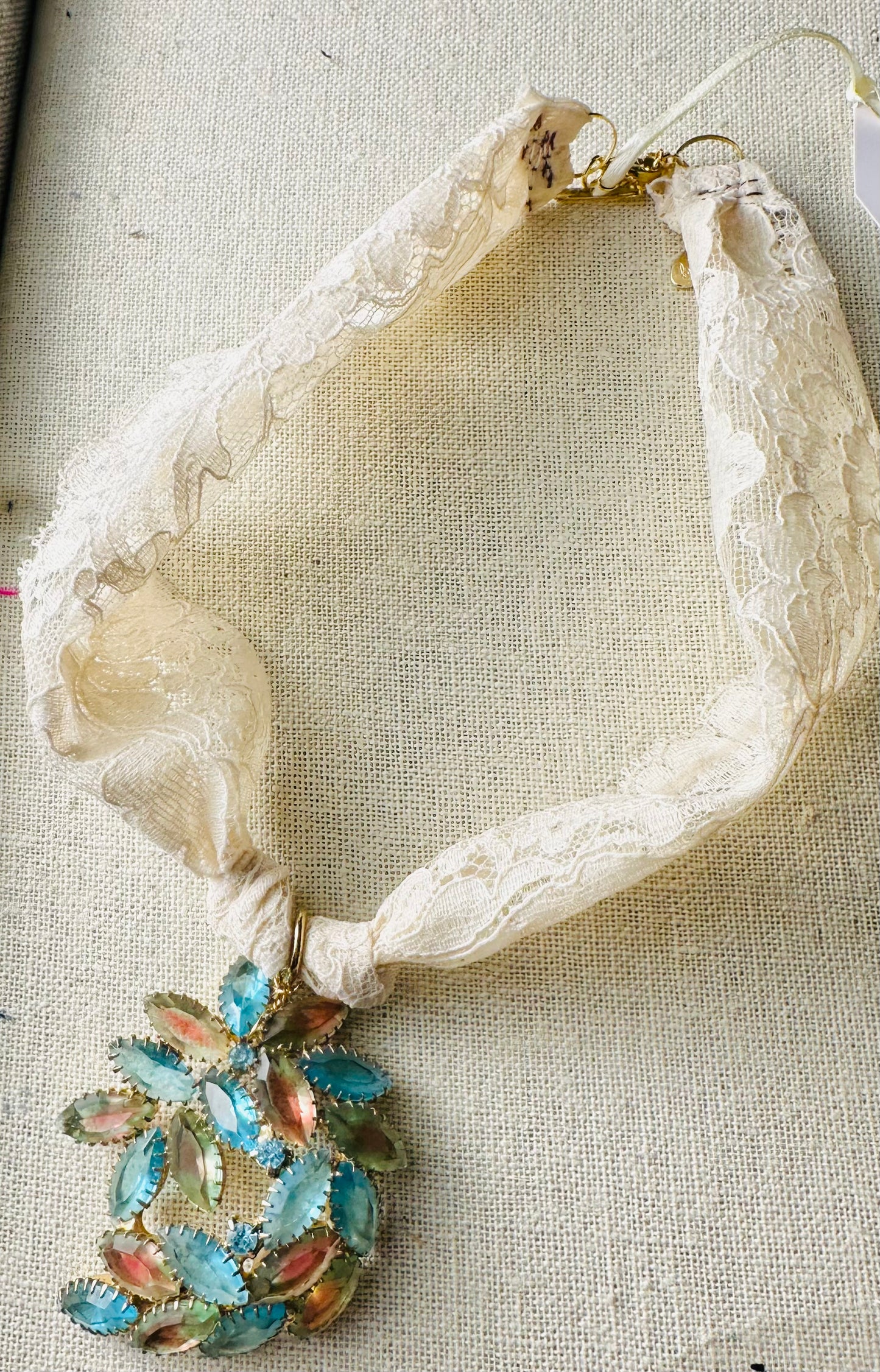 Gradient OOAK Vintage Brooch and Vintage Lace Necklace