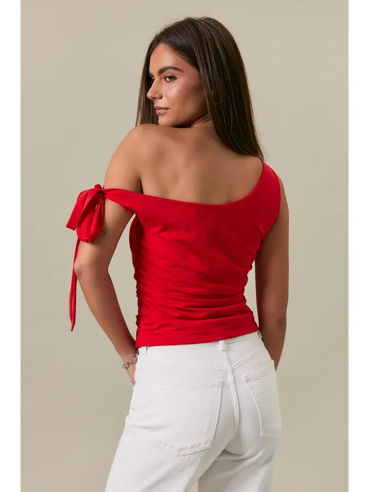 Self Double One Shoulder Tie Detail Top